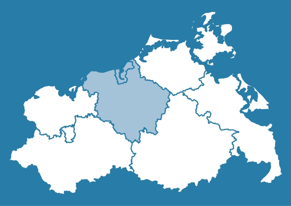 Kartendarstellung von M-V, der Bereich des StALU MM ist farblich hervorgehoben. Er entspricht räumlich der Hansestadt Rostock und des Landkreises Rostock.