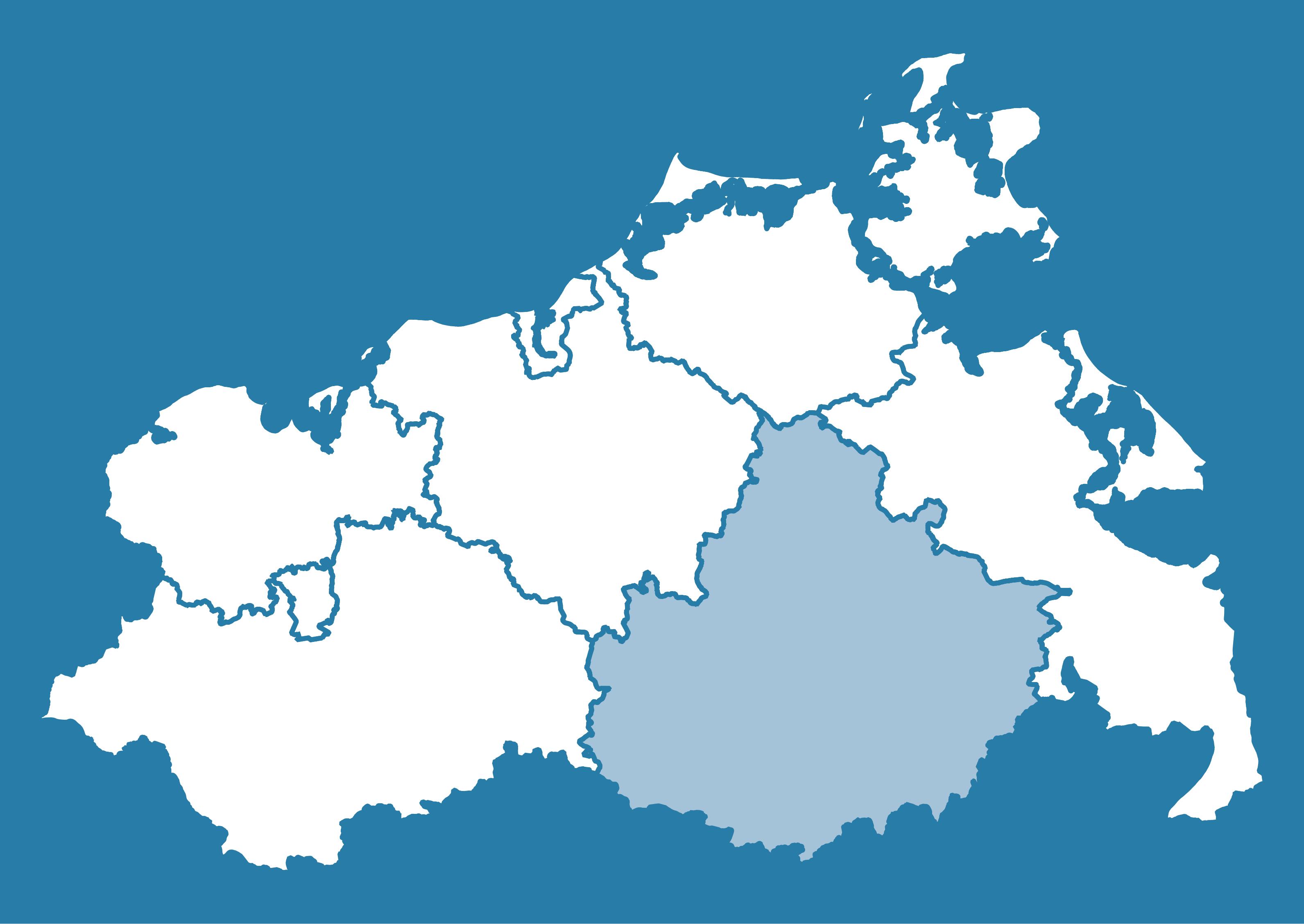 Kartendarstellung von M-V, der Bereich des StALU MS ist farblich hervorgehoben. Er entspricht räumlich dem Landkreis Mecklenburgische Seenplatte.