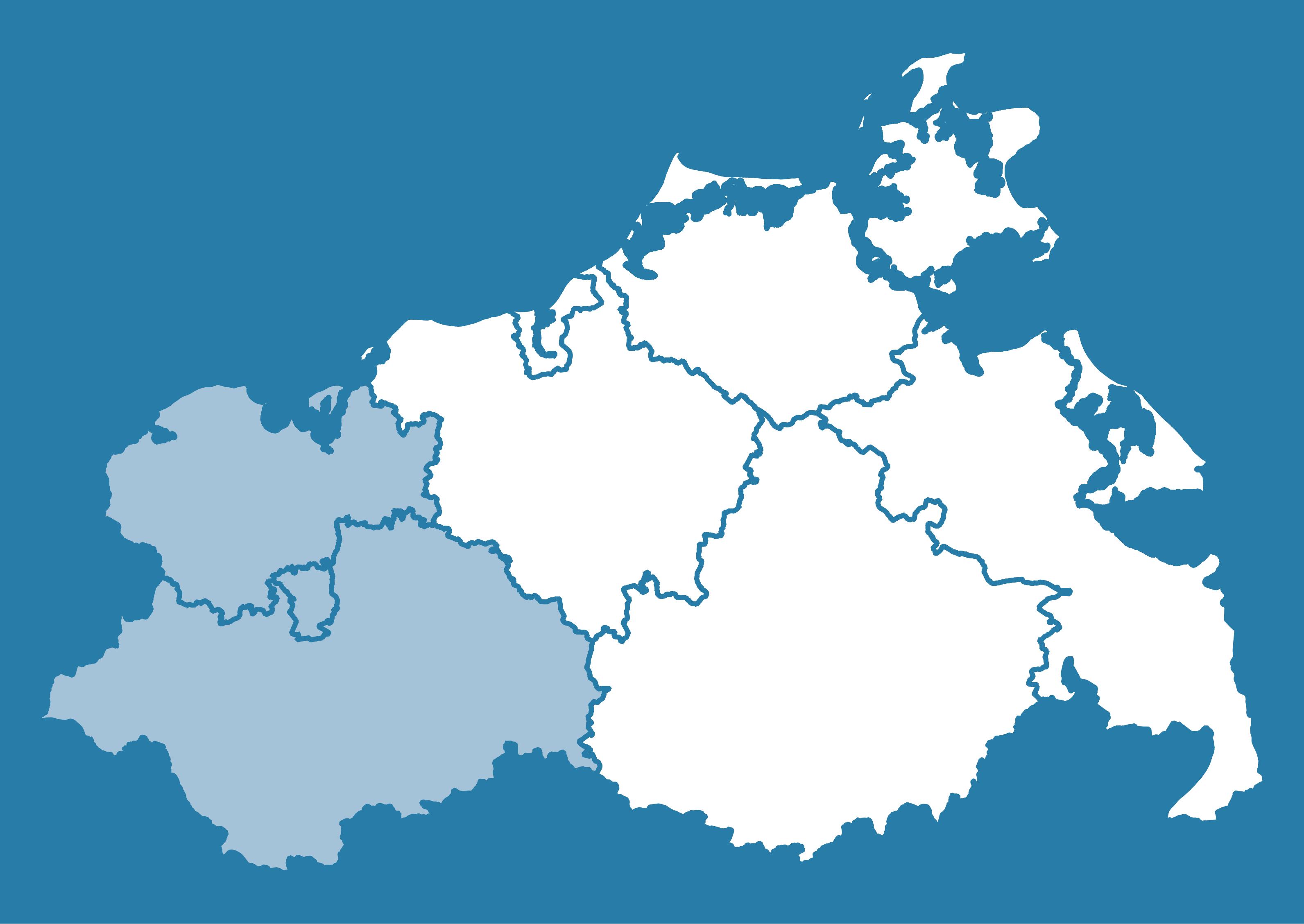 Kartendarstellung von M-V, der Bereich des StALU WM ist farblich hervorgehoben. Er entspricht räumlich den Landkreisen Ludwigslust-Parchim und Nordwestmecklenburg, sowie der Landeshauptstadt Schwerin.
