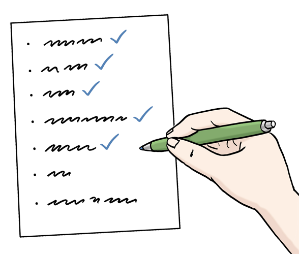 Checkliste © Lebenshilfe für Menschen mit geistiger Behinderung Bremen e.V., Illustrator Stefan Albers, Atelier Fleetinsel, 2013. Checkliste