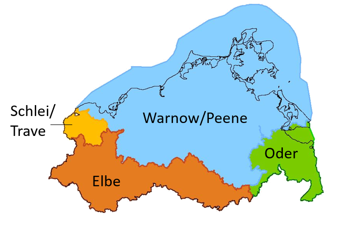Eine Grafik zeigt die räumliche Verteilung der vier Flussgebietseinheiten in Mecklenburg-Vorpommern.